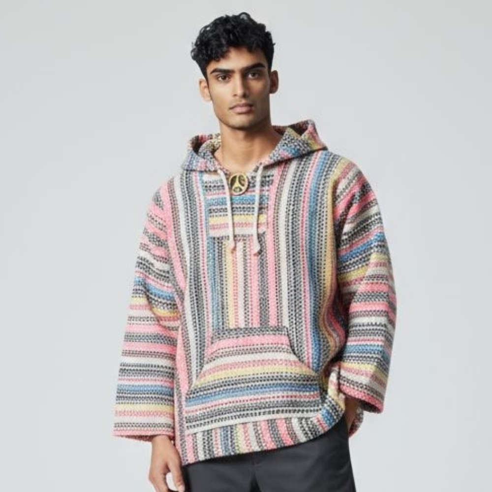 Baja Joe XL Multicolor Striped Woven‎ Eco Friendly Hoodie Beach Pullover